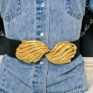 Black Brown Leather Reversible Belt Bold Gold Leaf Buckle